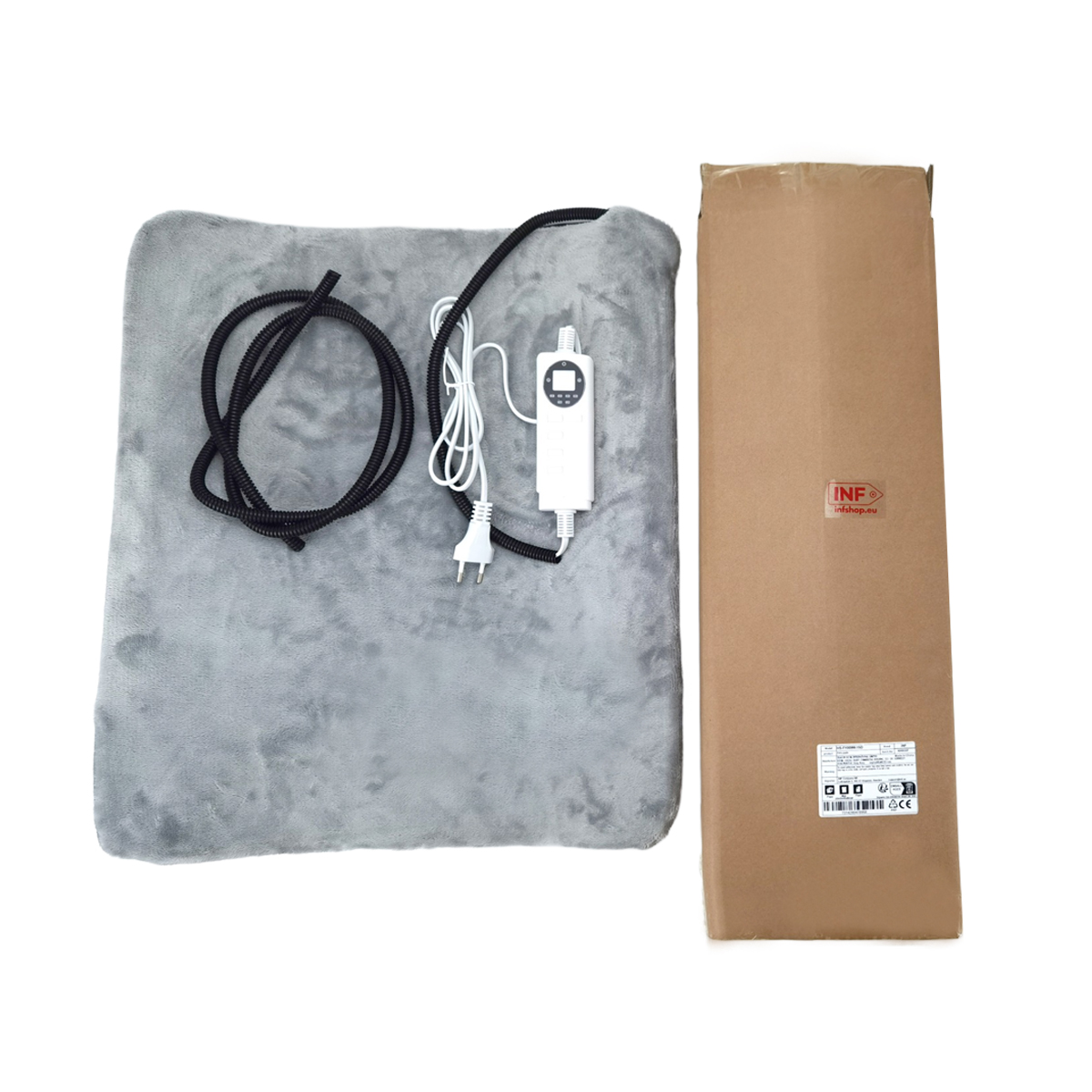 Alfombrilla térmica gris con controlador y cable blancos, junto a una caja de cartón.