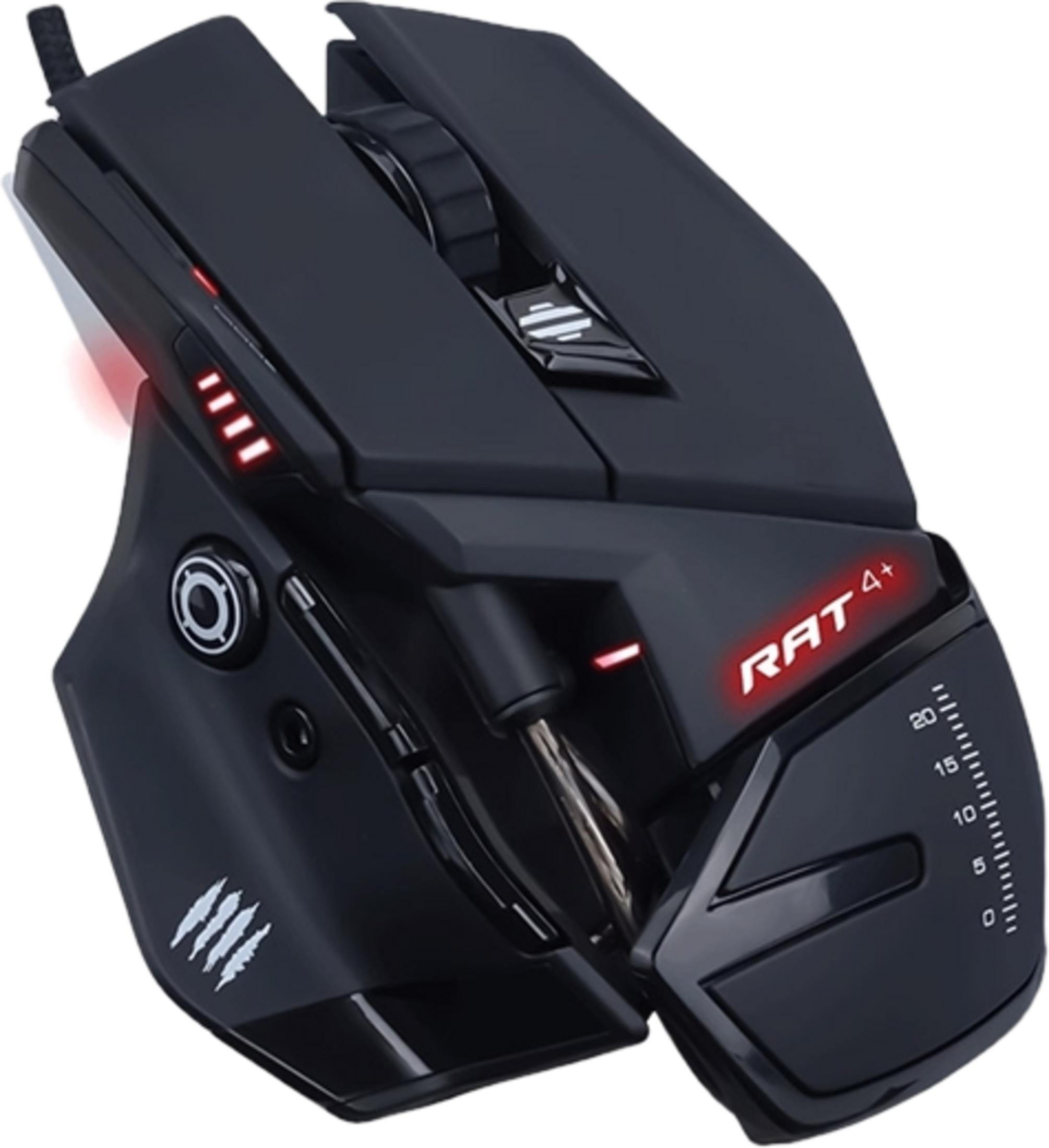 Czarna mysz gamingowa z czerwonymi akcentami i logo "RAT 4+".