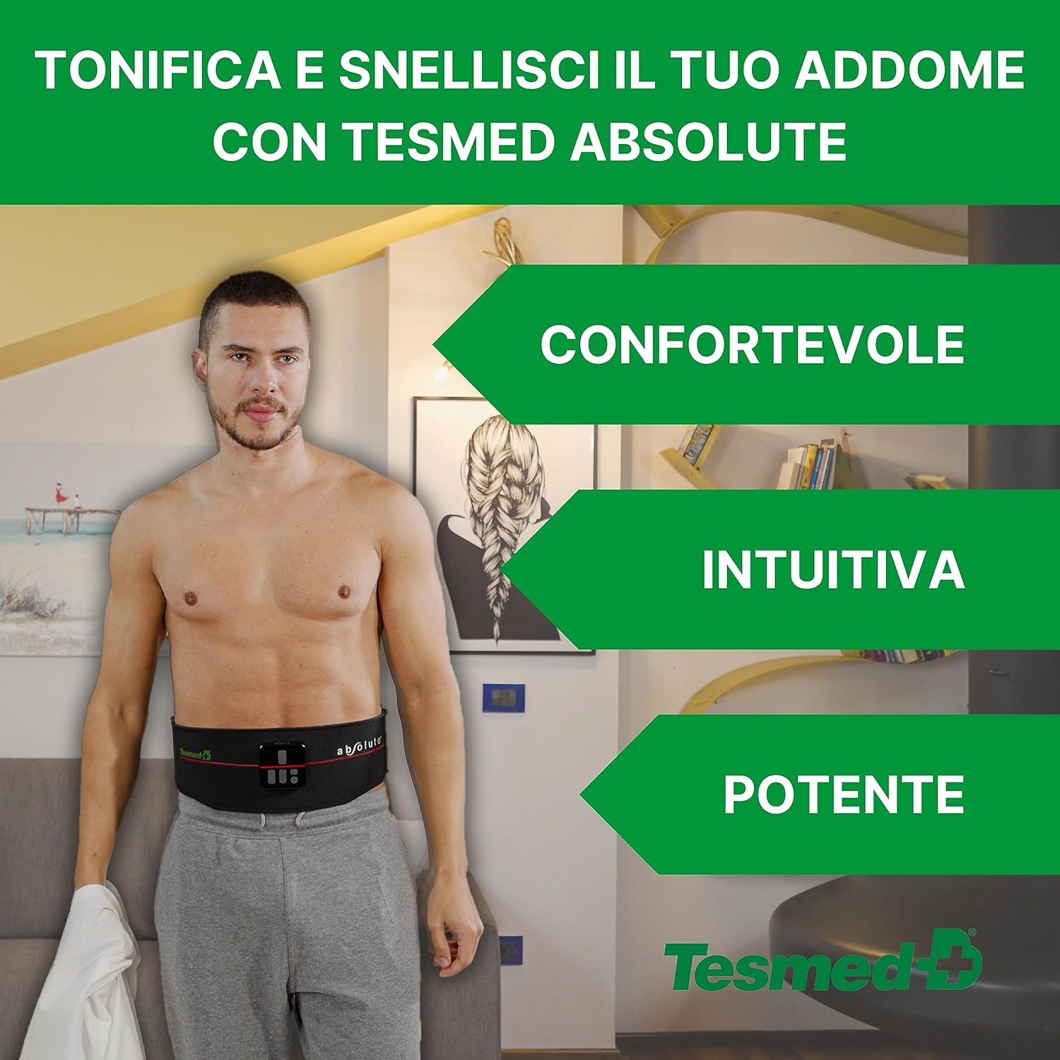Uomo con fascia addominale, mostra "confortevole", "intuitiva", "potente".