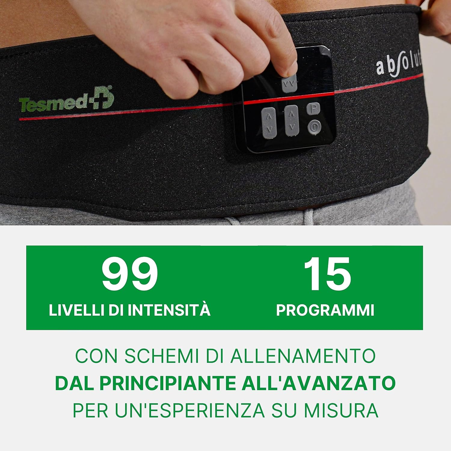 Una persona indossa una cintura nera con un piccolo controller nero, etichettato "Tesmed".