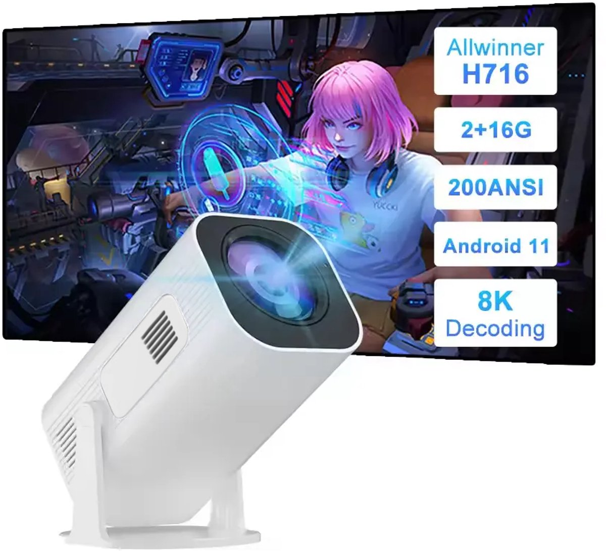 Ein weißer Projektor wirft ein Bild einer Anime-Figur und technischer Daten.