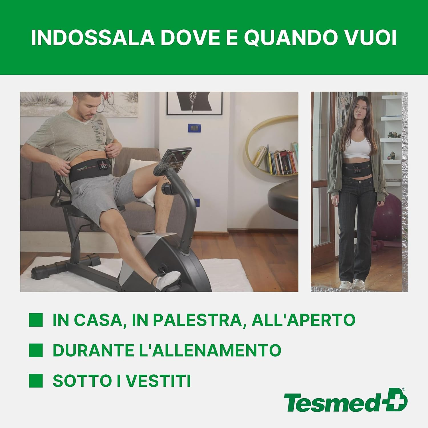 Uomo su cyclette, donna in piedi, cintura mostrata. Indossabile ovunque.