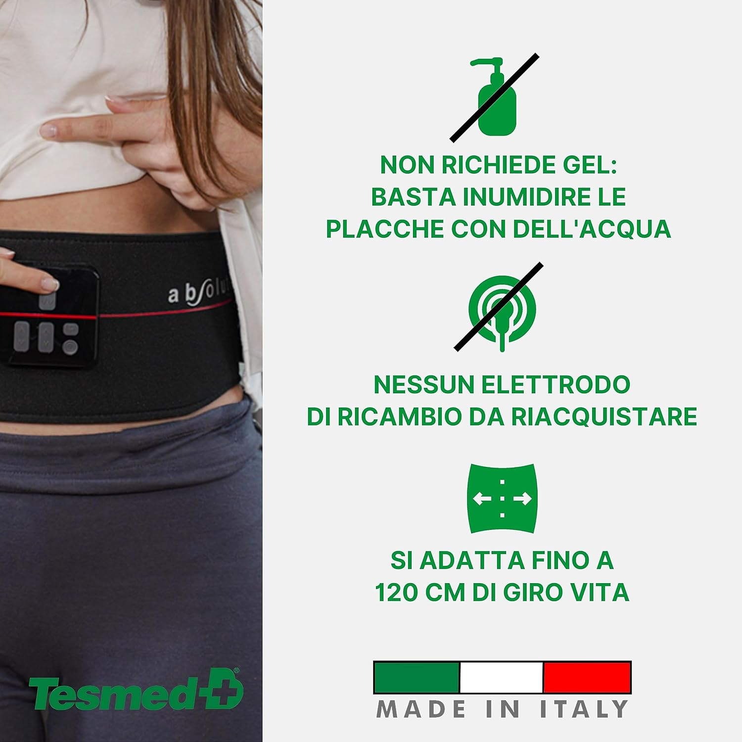 Una cintura con fascia nera e unità di controllo. "Made in Italy".