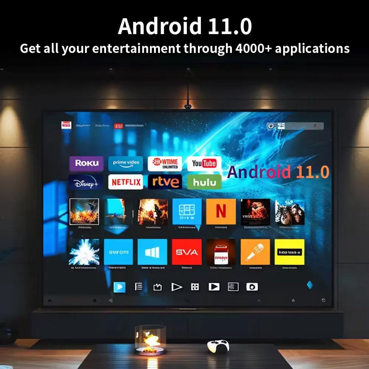 Ein Smart-TV zeigt die Android 11.0-Oberfläche mit App-Symbolen wie Roku, Netflix, YouTube.