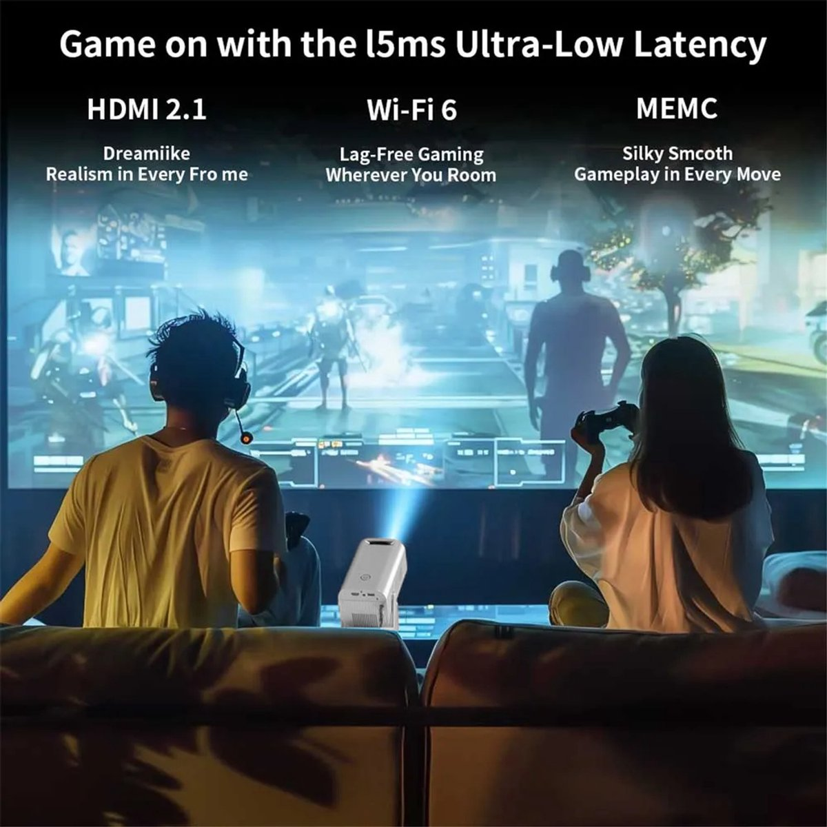 Leute spielen Videospiele mit einem Projektor, der auf einen Bildschirm projiziert.