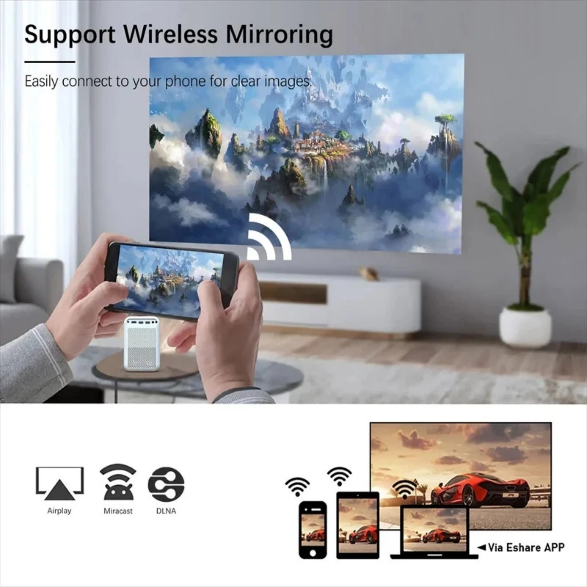 Wireless Mirroring: Handy zeigt Bergwelt, großer Bildschirm mit Fantasy-Stadt.
