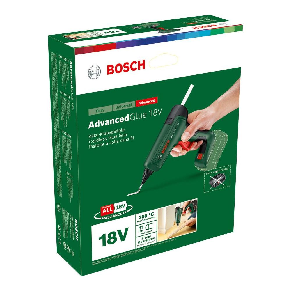 Pistolet à colle sans fil Bosch Advanced Glue 18V sur emballage vert.
