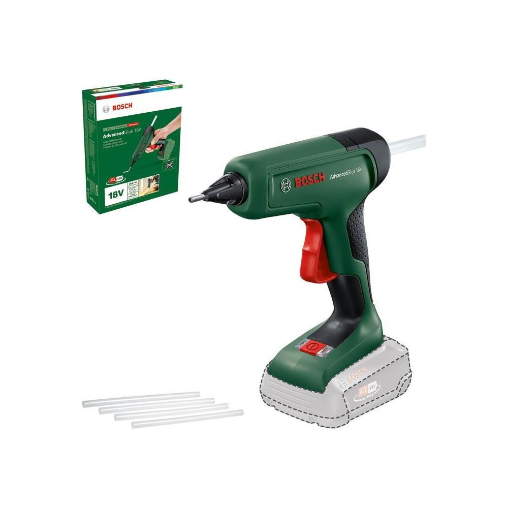 Pistolet à colle Bosch vert avec gâchette rouge, à côté de bâtons de colle.