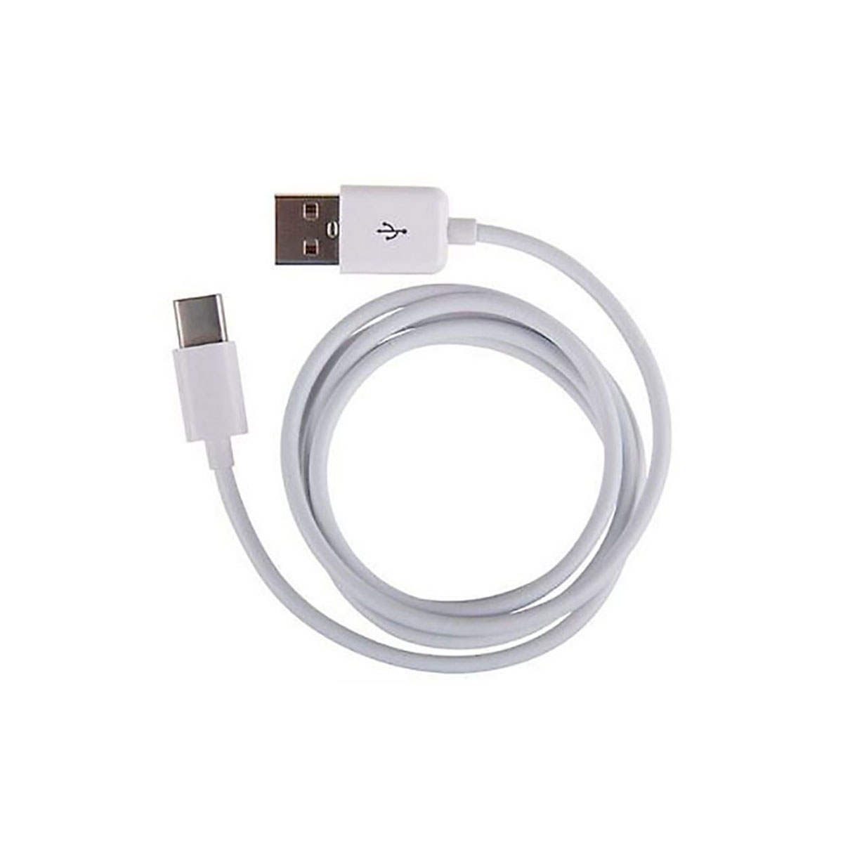 Un cavo USB-C bianco con connettore USB-A, arrotolato.