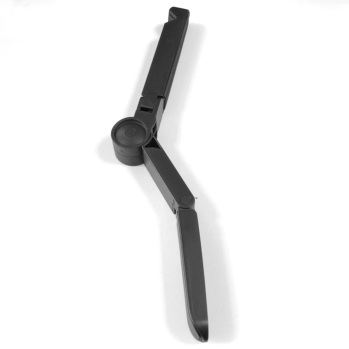 Czarny, regulowany stojak z dwiema kończynami na białym tle.