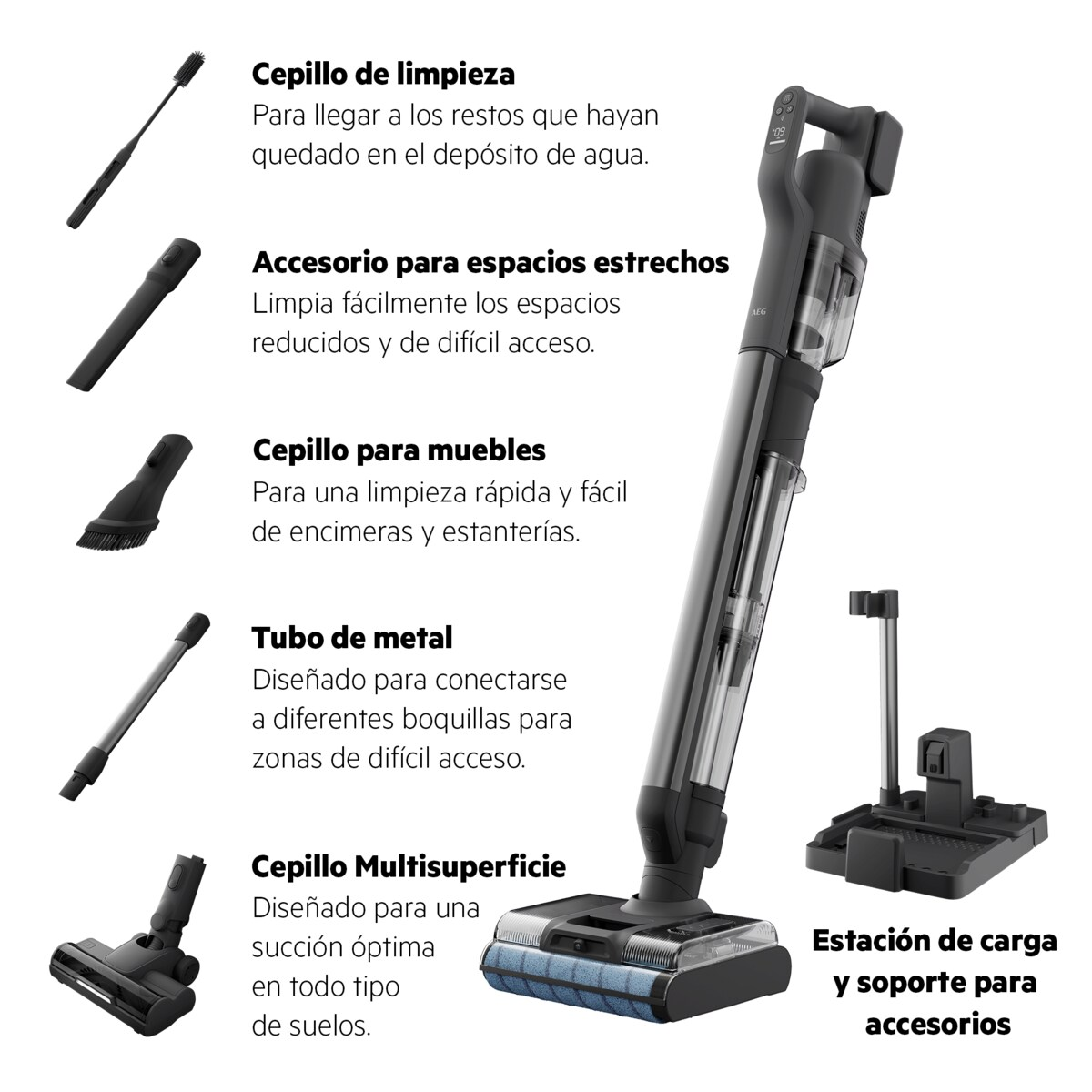 Accessori aspirapolvere: spazzole, tubo, base di ricarica e parti.