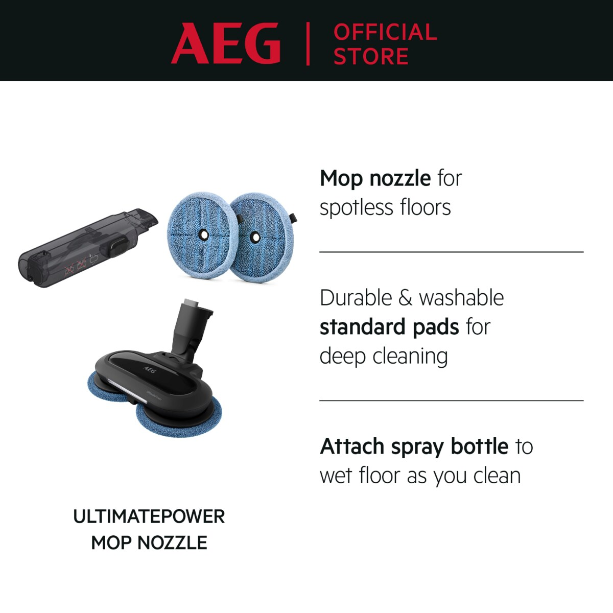 Boquilla de mopa AEG Ultimatepower con almohadillas y accesorios.