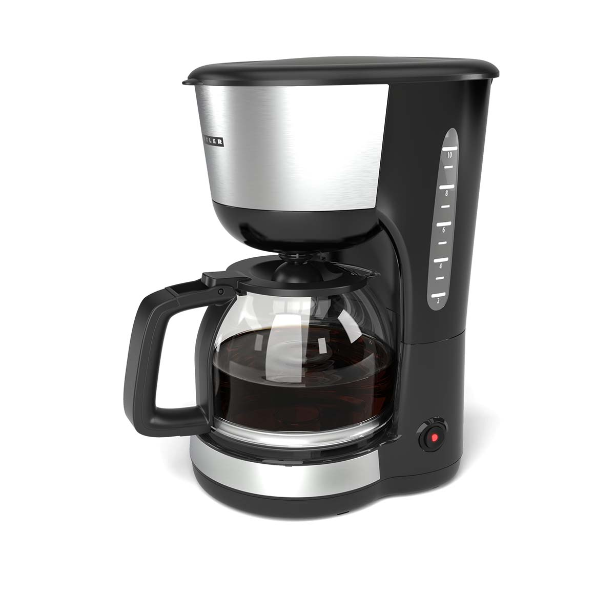 Schwarze Kaffeemaschine mit Glaskrug, gefüllt mit Kaffee.