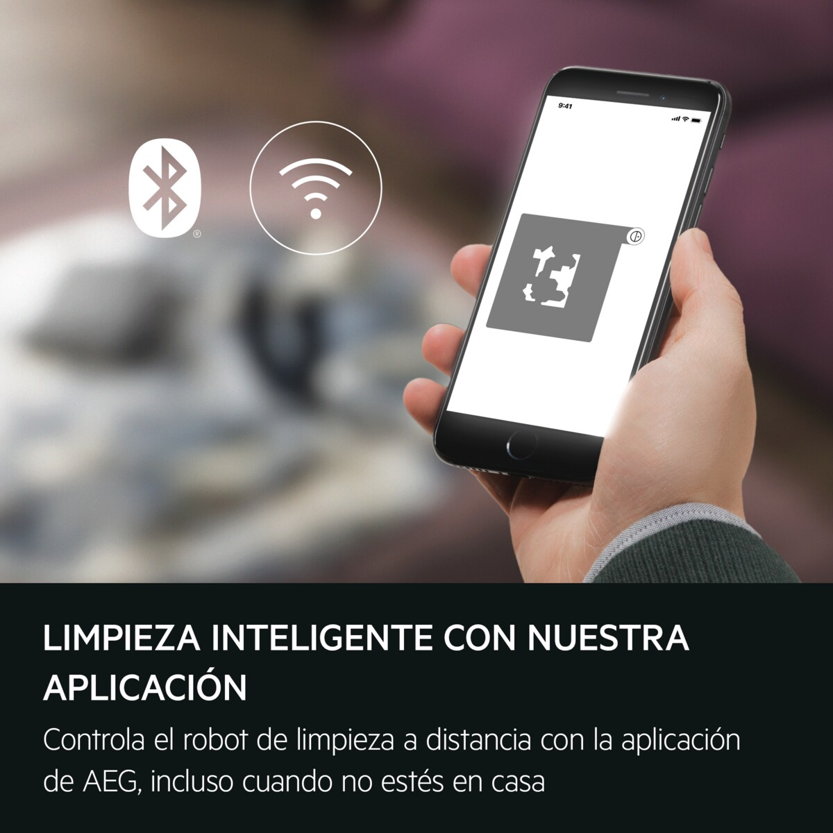 Eine Hand hält ein Smartphone mit einer App, Bluetooth- und WLAN-Symbole.