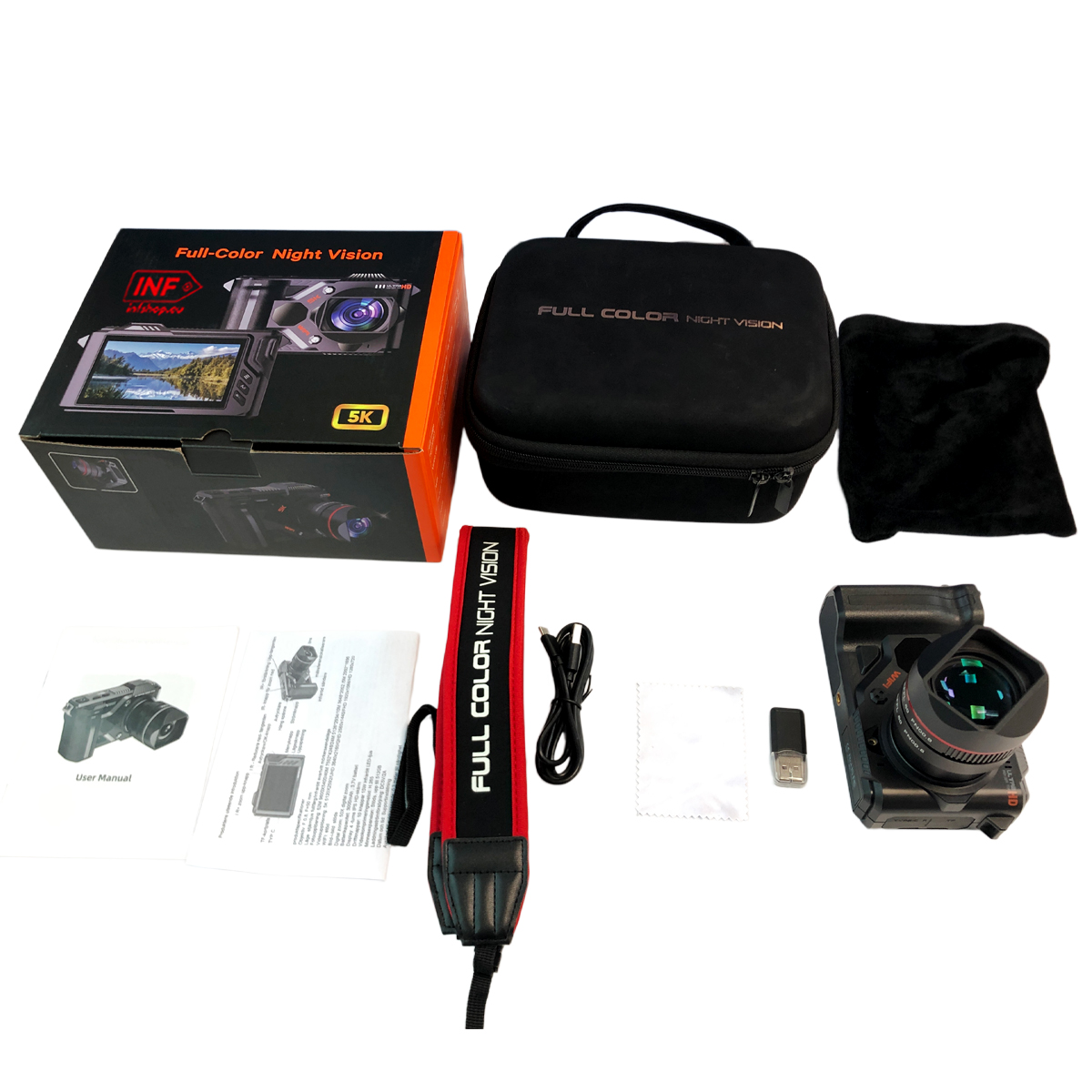 Urządzenie noktowizyjne w pełnym kolorze, akcesoria i instrukcja są rozłożone.