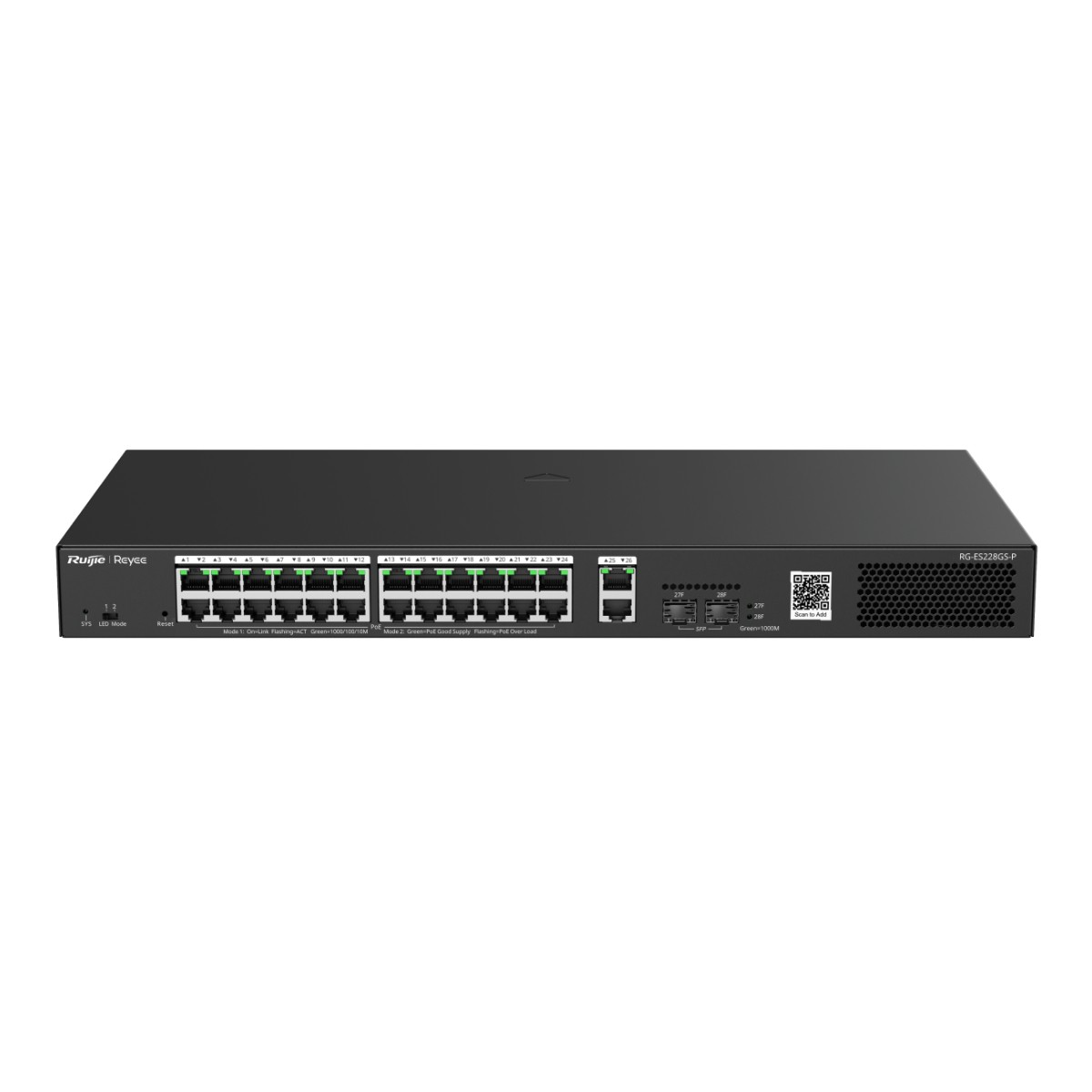 28 portlu, RJ45 ve SFP bağlantılı siyah ağ anahtarı.