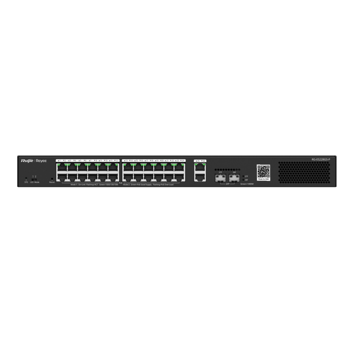 24 Ethernet bağlantı noktası, 2 SFP bağlantı noktası ve durum göstergeleri olan ağ anahtarı.