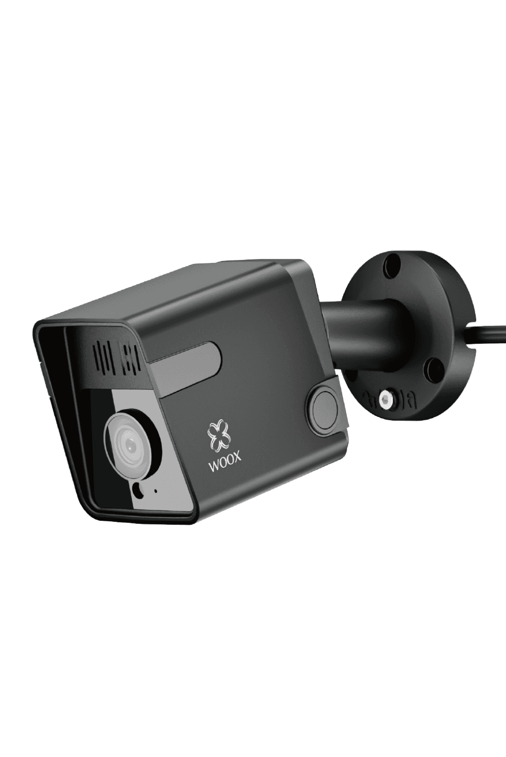 Una telecamera di sicurezza nera con obiettivo e logo Woox.