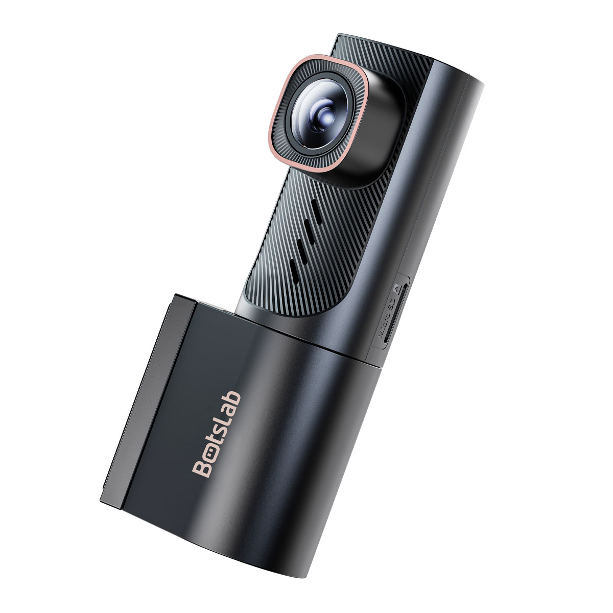 Dashcam grigio scuro con telecamera e logo "Botslab" su sfondo bianco.