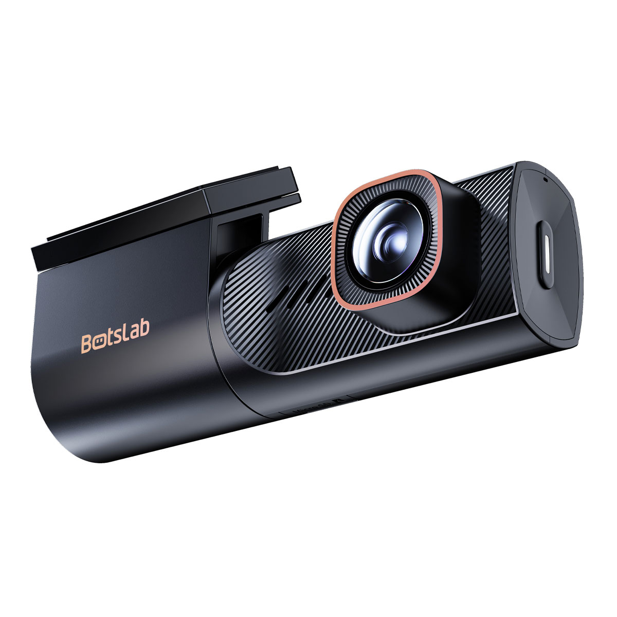 Dashcam nera con anello color rame attorno all'obiettivo e corpo testurizzato.