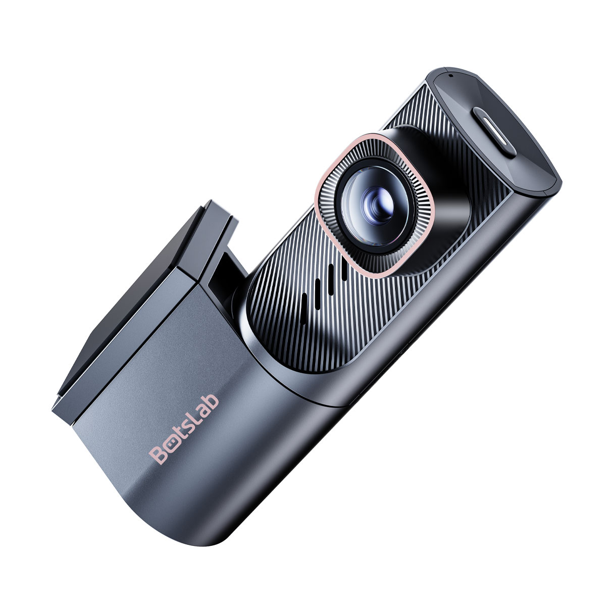 Un dispositivo per dashcam scuro e futuristico con obiettivo e fessure di ventilazione.