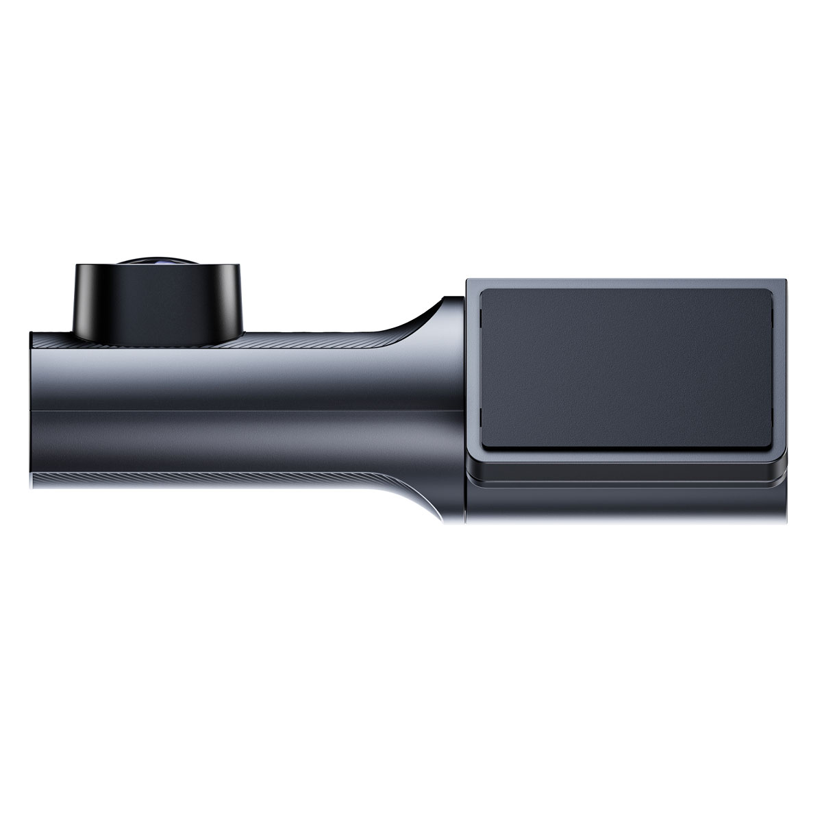 Primo piano di una dashcam nera con obiettivo in alto e schermo rettangolare.