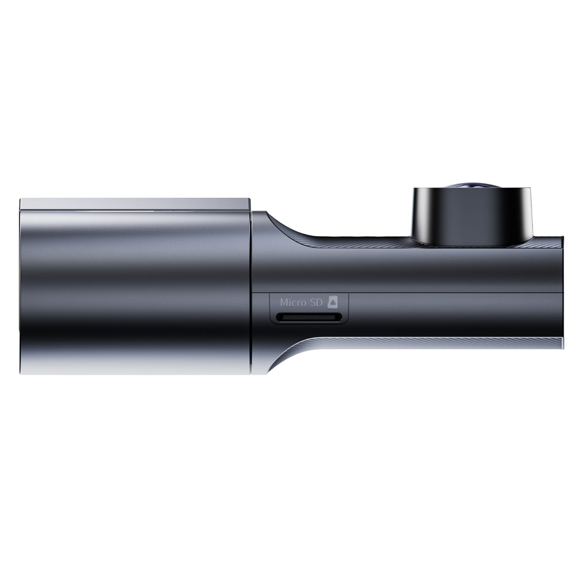 Corpo di dashcam grigio scuro con slot per scheda Micro SD visibile.