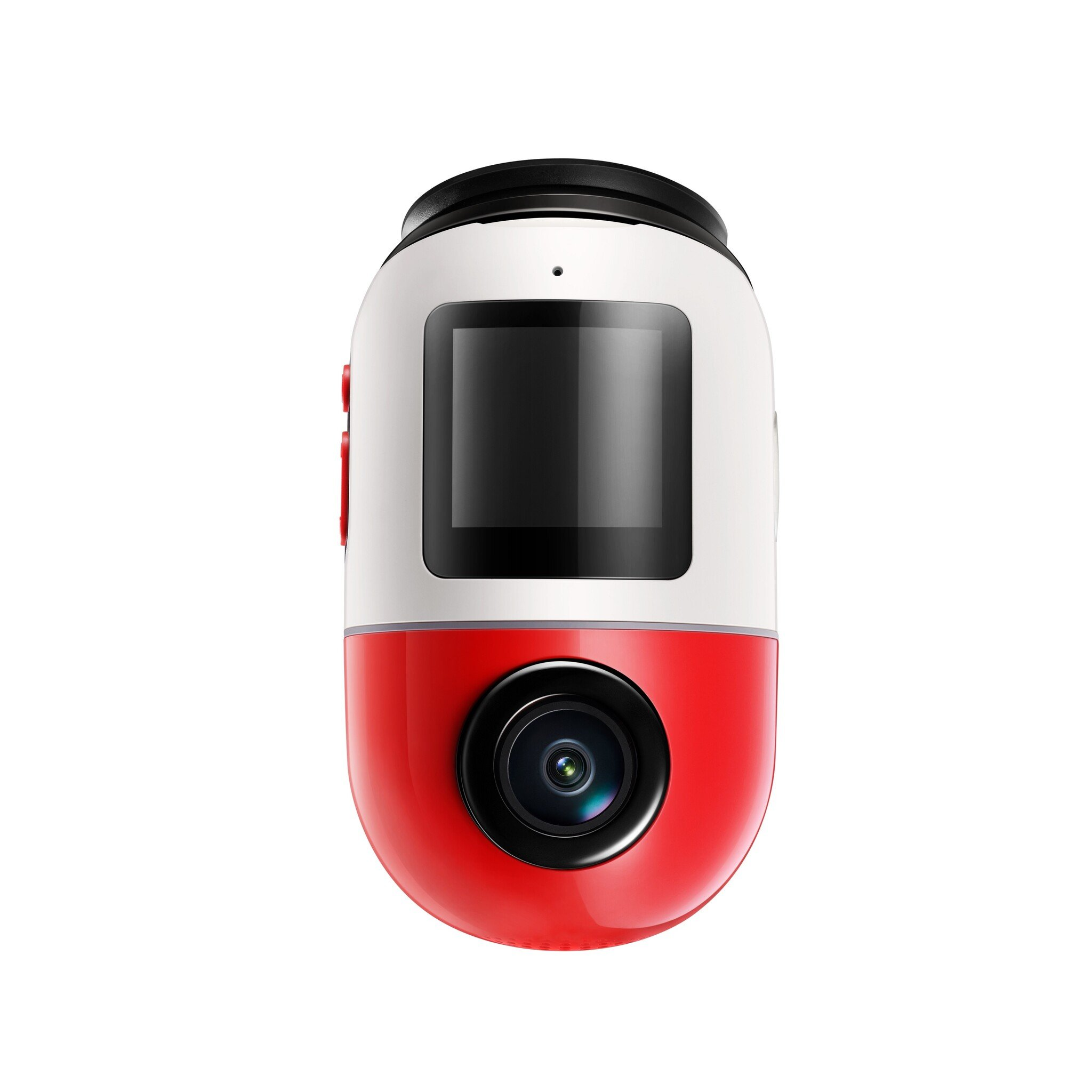 Action camera compatta, bianca e rossa con obiettivo e schermo neri.