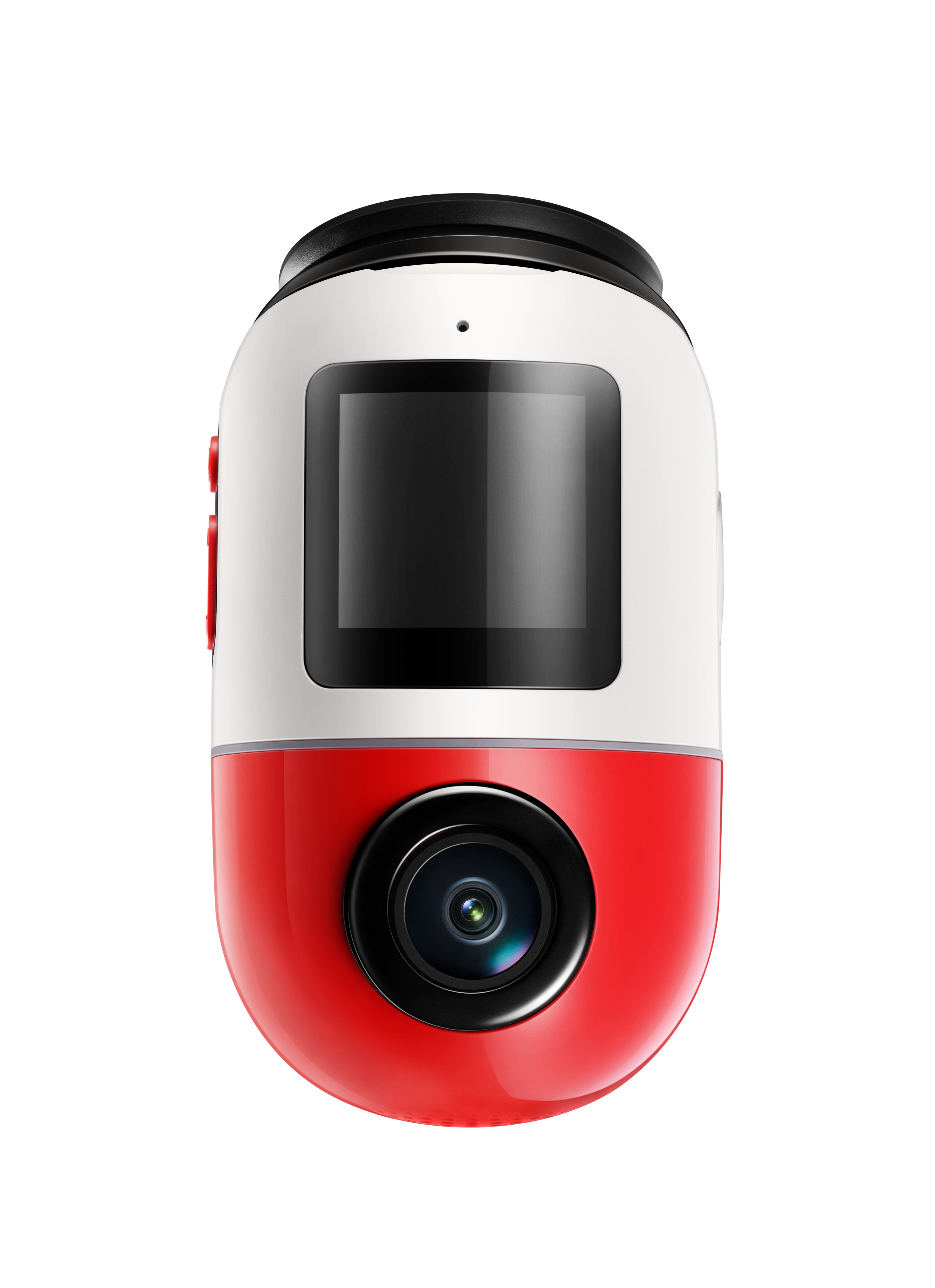 Action camera compatta bianca e rossa con schermo e obiettivo.