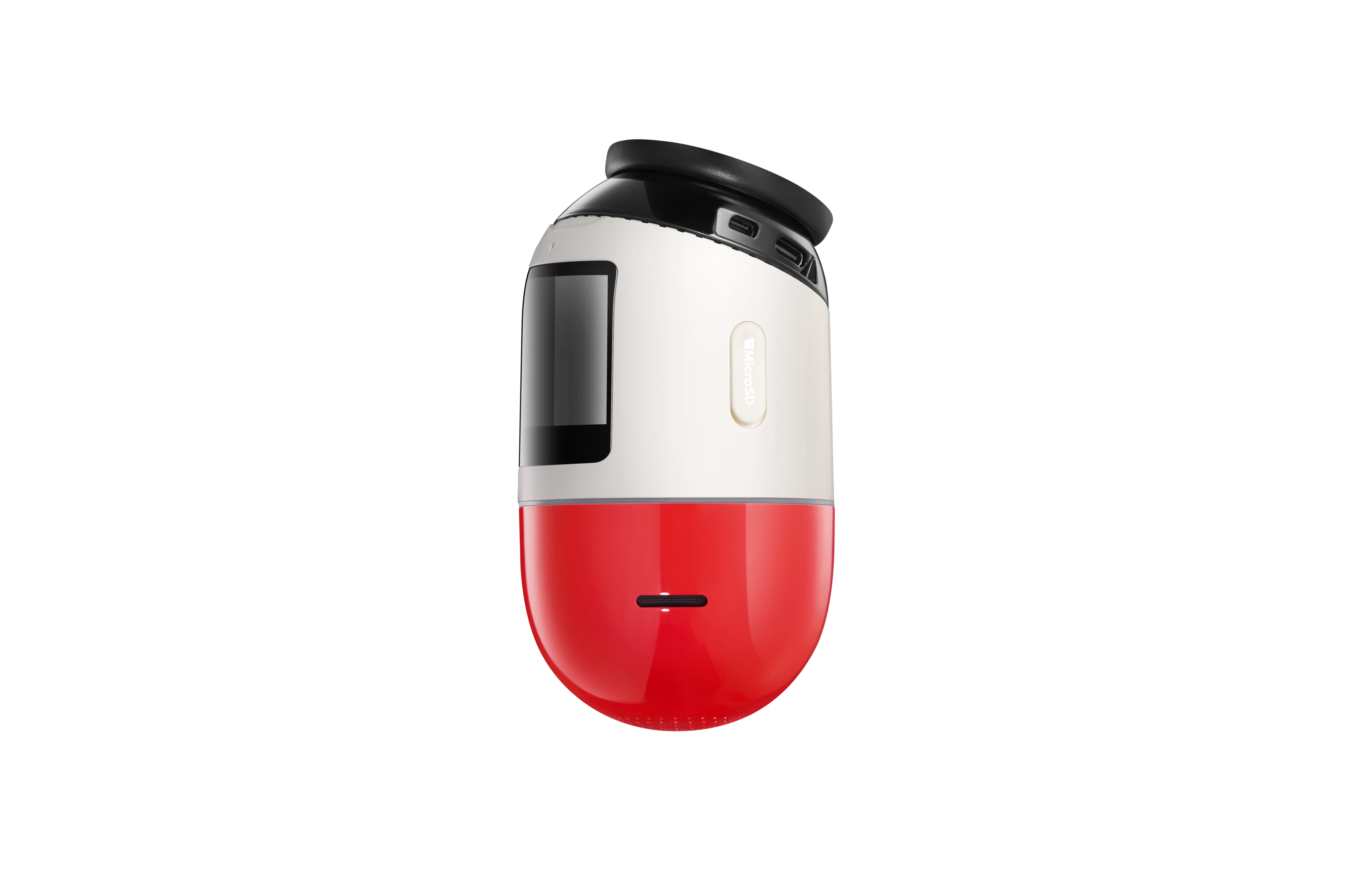 Un dispositivo bianco e rosso con schermo e porte.