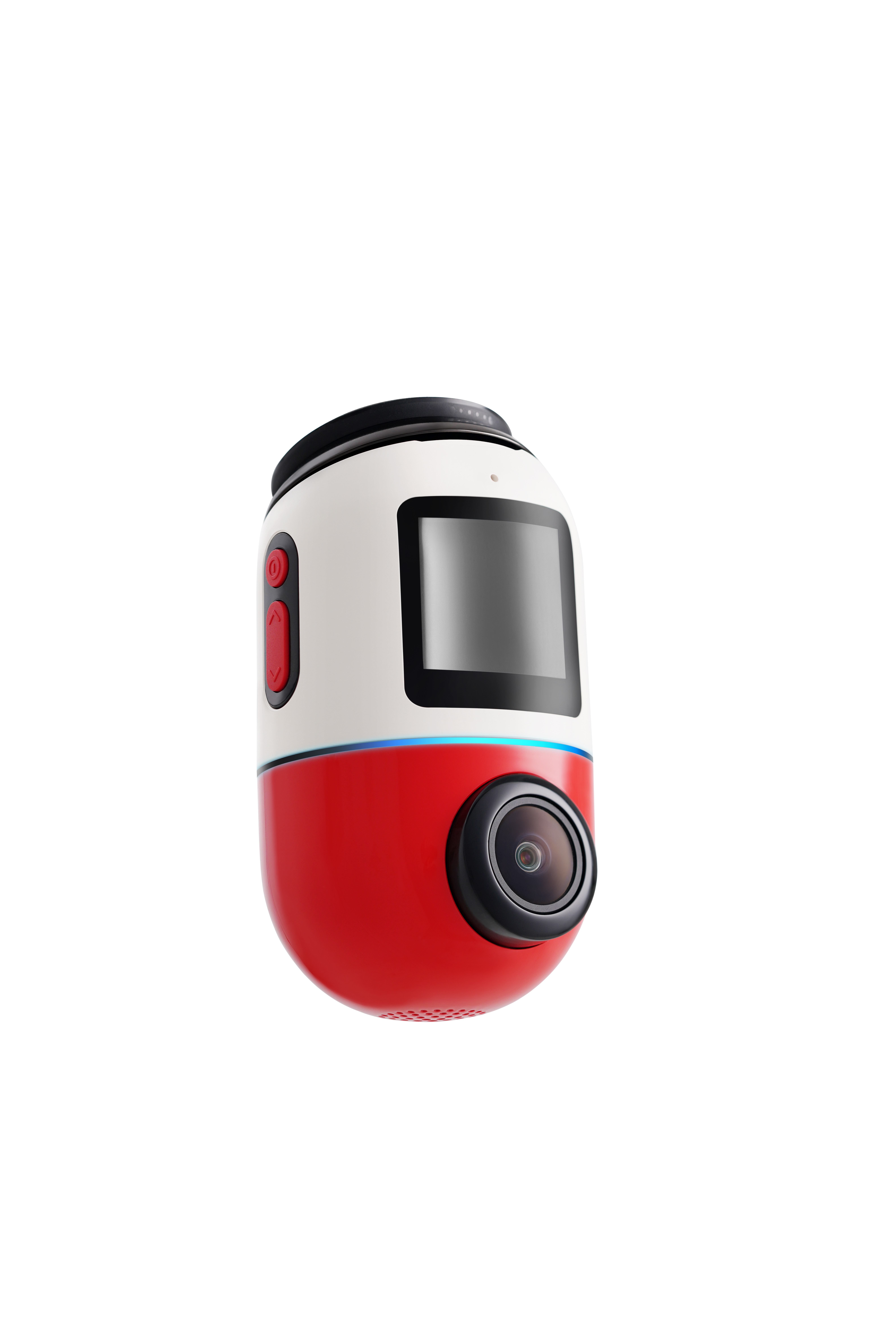 Fotocamera compatta bianca e rossa con schermo e obiettivo.