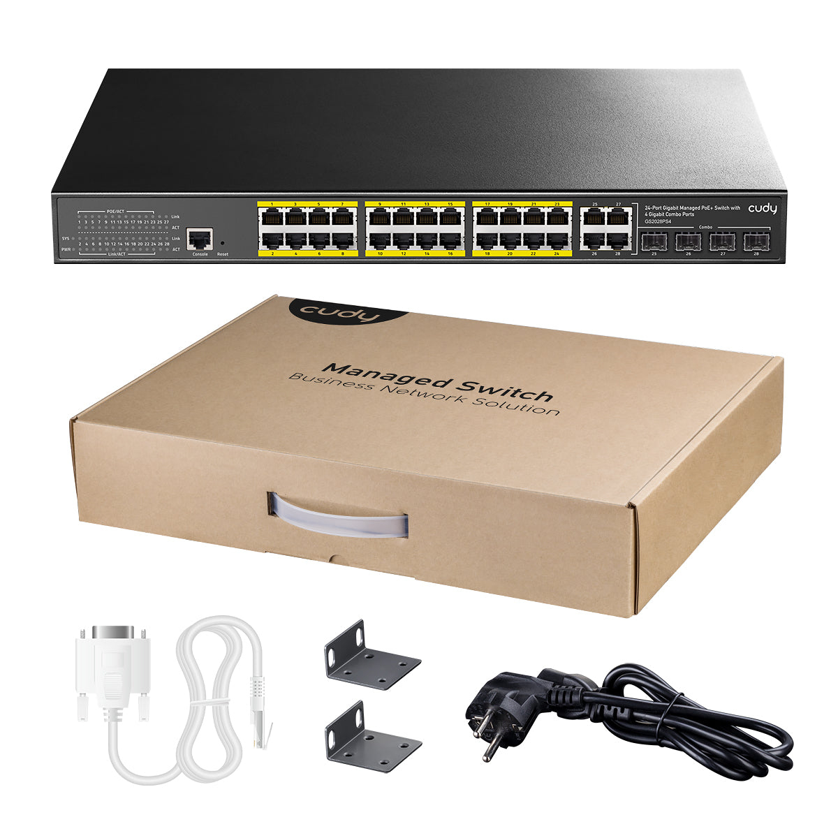 Cudy 24 portlu Gigabit Yönetilen PoE+ anahtarı, aksesuarlar ve kutu.