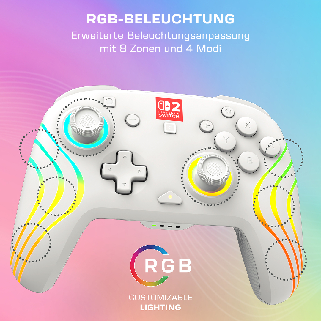 Un controller bianco per Nintendo Switch con illuminazione RGB e eleganti luci.