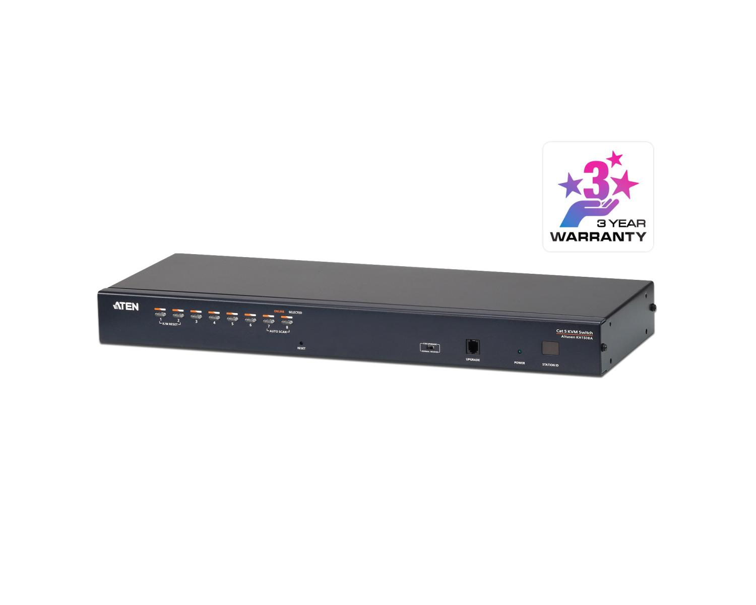 8 portlu siyah ATEN Cat 5 KVM anahtarı, 3 yıl garantili.