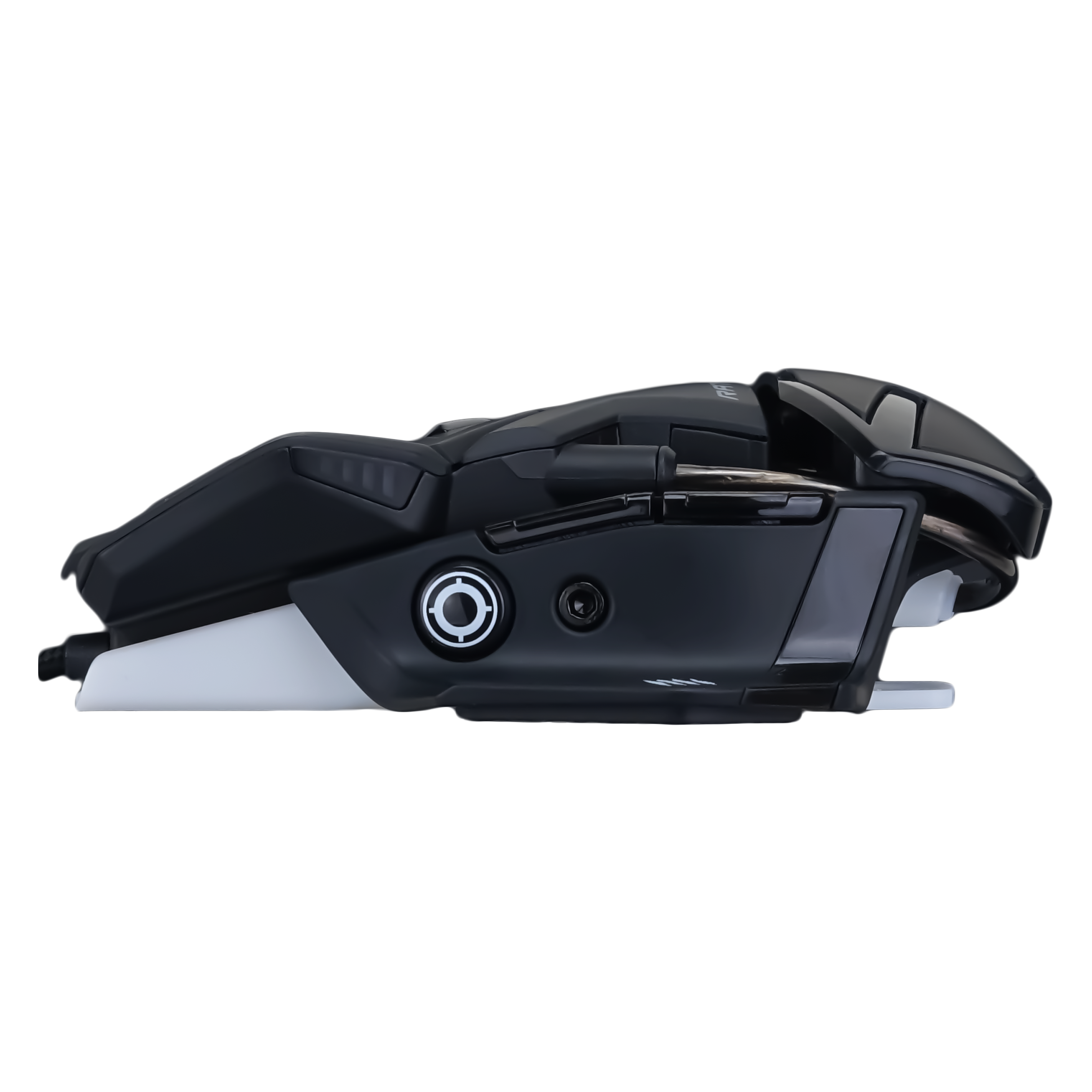 Czarna mysz gamingowa z białym akcentem i symbolem celownika z boku.