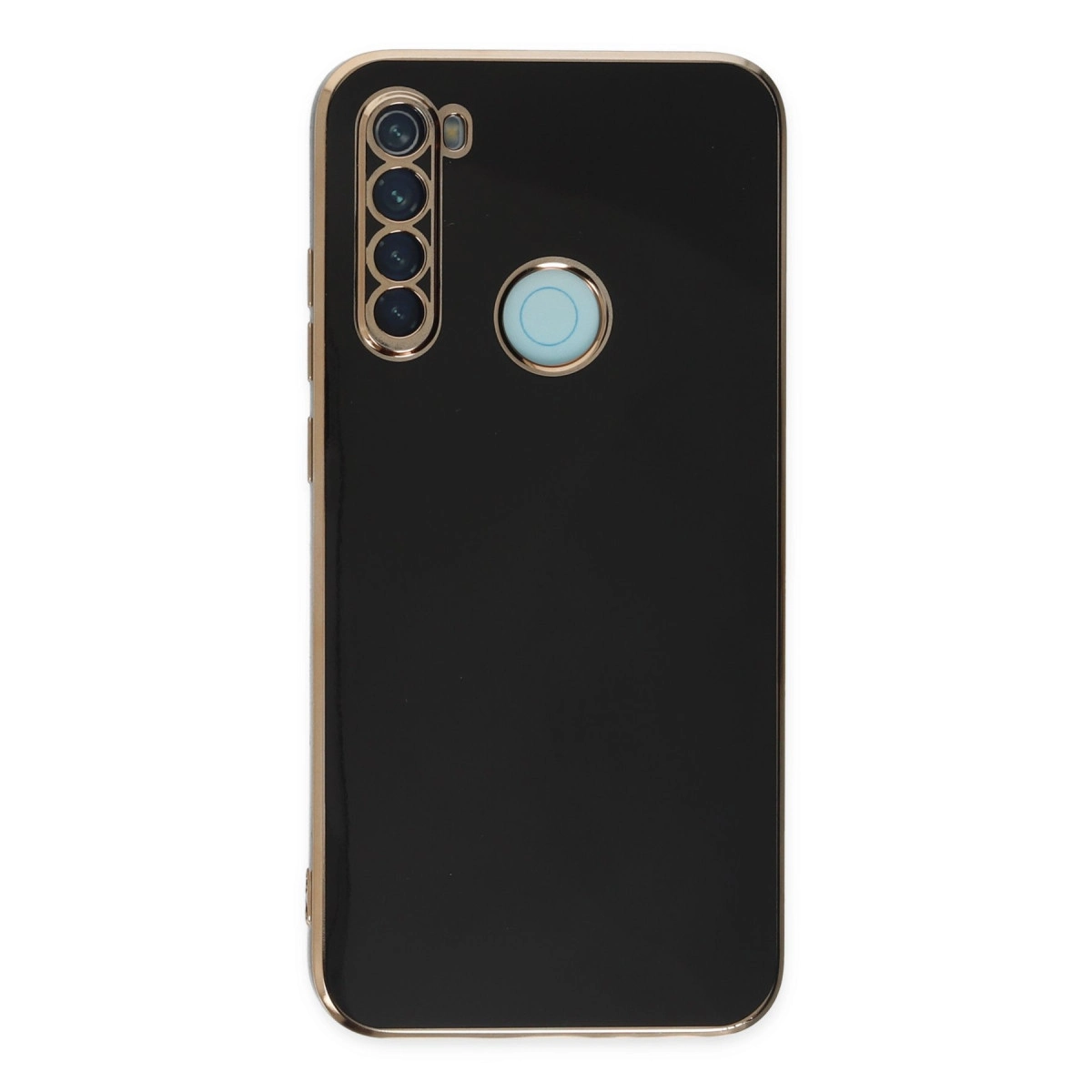 Dört kameralı ve parmak izi sensörlü siyah telefon kılıfı, altın kenar.
