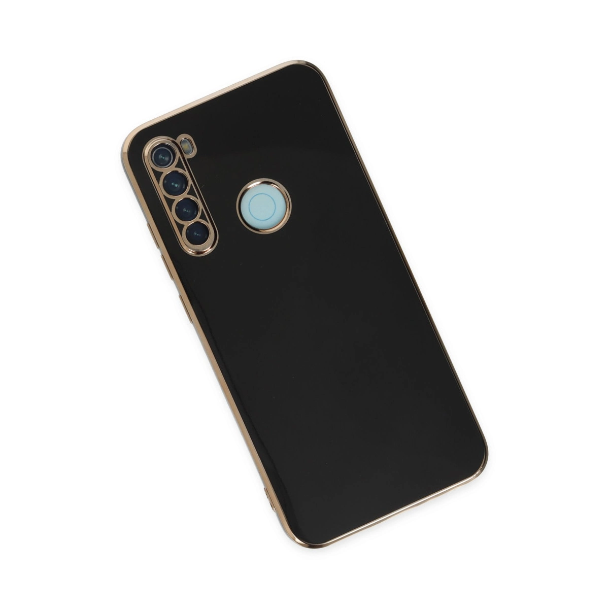Altın kenarlı siyah telefon kılıfı, dört kamera ve mavi parmak izi sensörü.