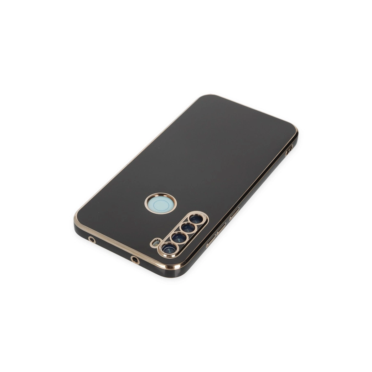 Altın kenarlı ve kamera açıklıklı siyah telefon kılıfı.