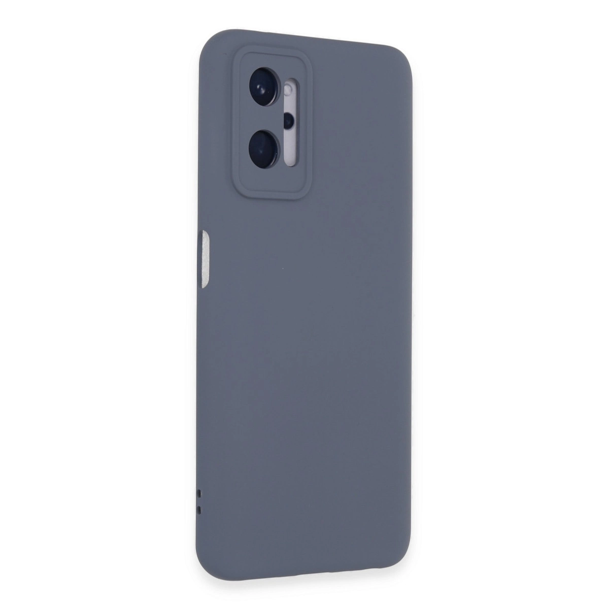 Beyaz arka plan üzerinde kamera modüllü gri telefon kılıfı.