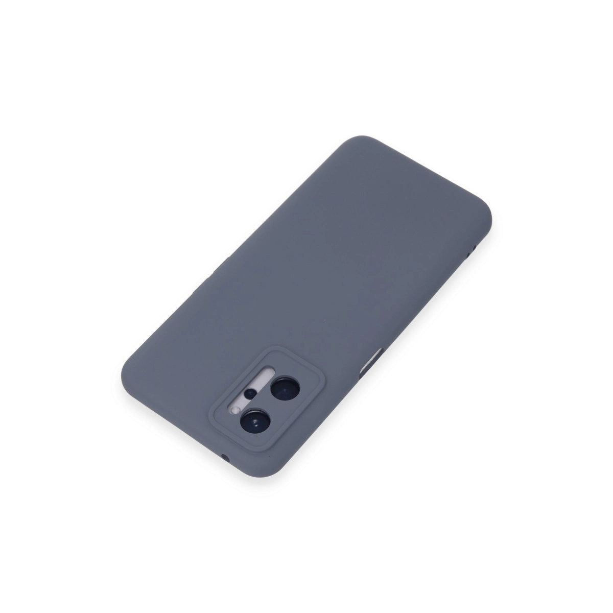 Beyaz zeminde kamera modüllü gri telefon kılıfı.