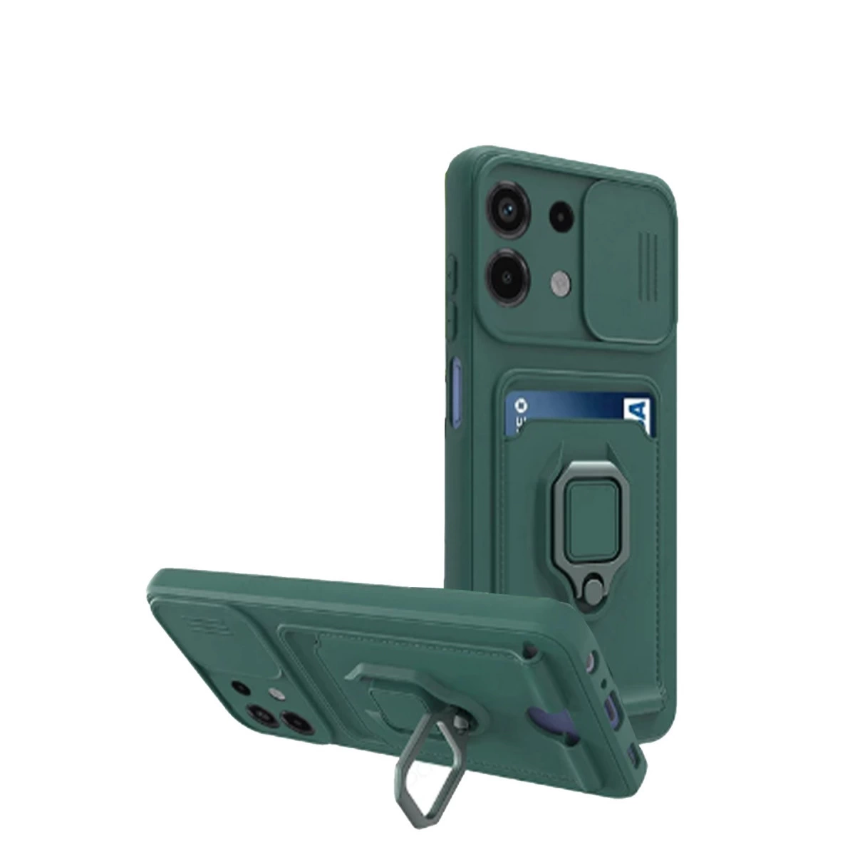 Kart yuvalı ve halka tutuculu iki yeşil telefon kılıfı.
