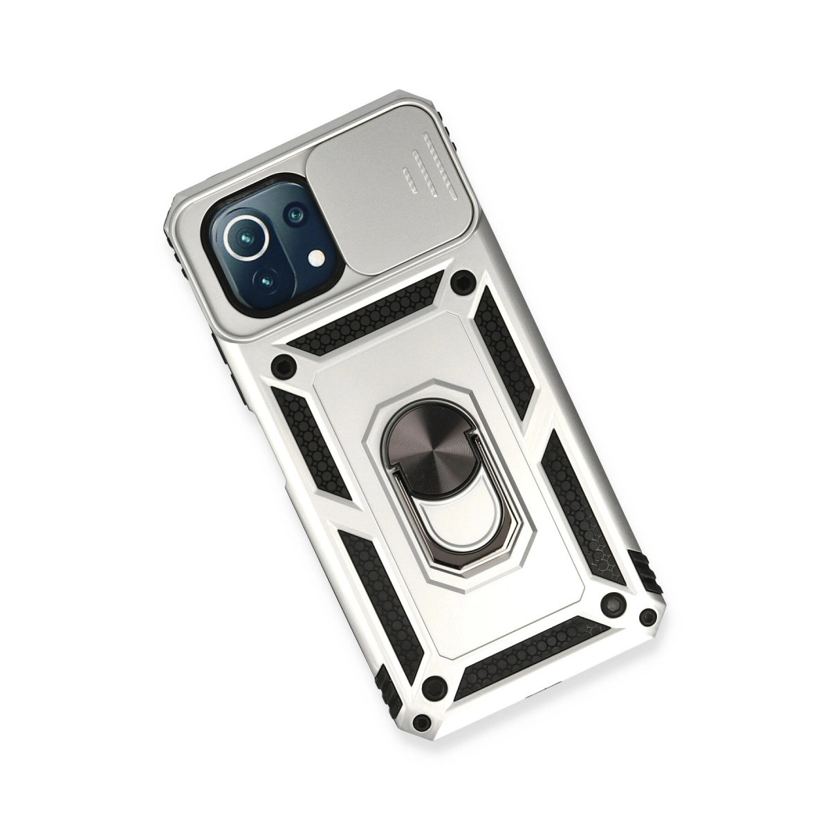 Entegre halka tutuculu ve kamera kapağı kaydırıcılı gümüş telefon kılıfı.