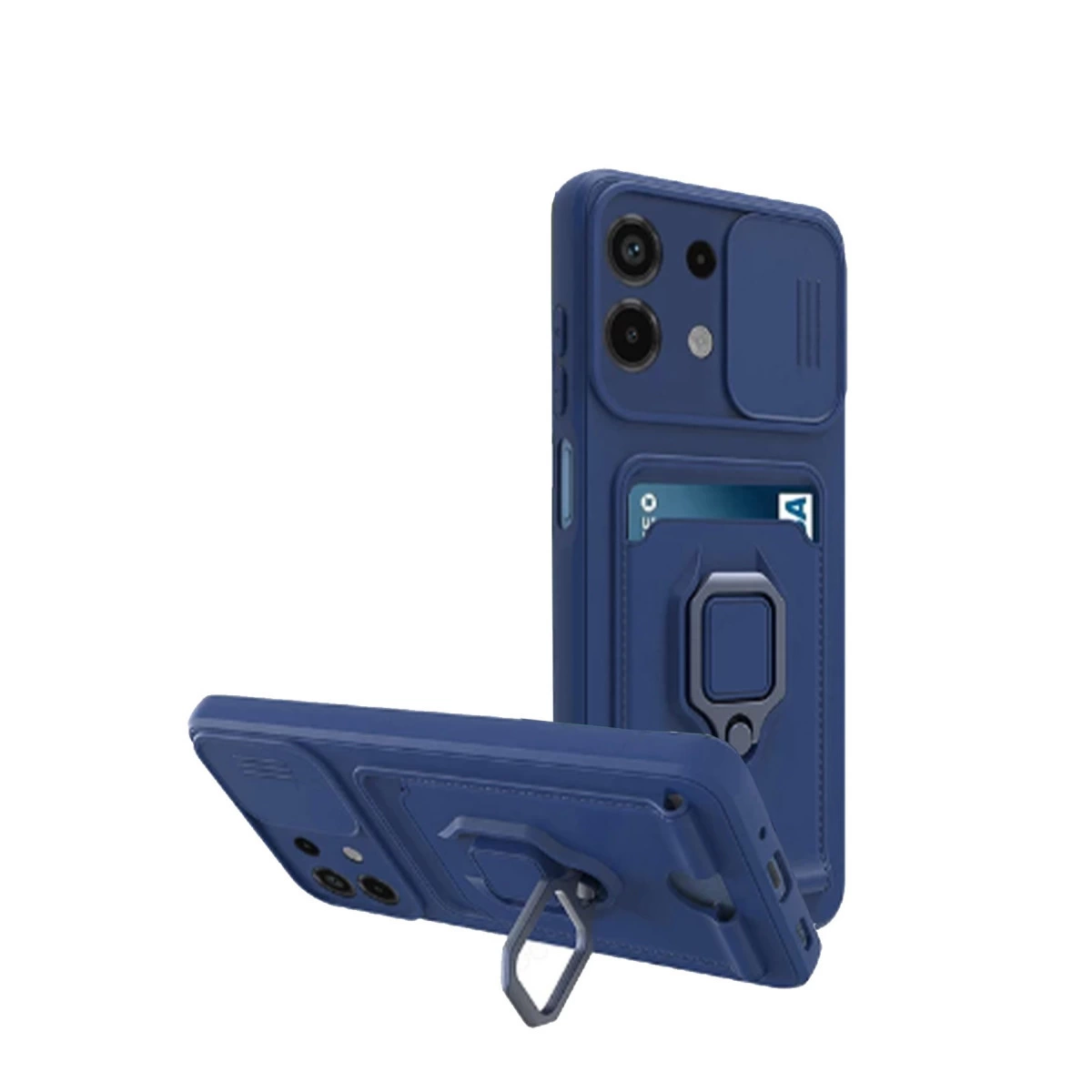 Kart tutuculu, halka tutuculu ve kayar kapaklı lacivert telefon kılıfı.