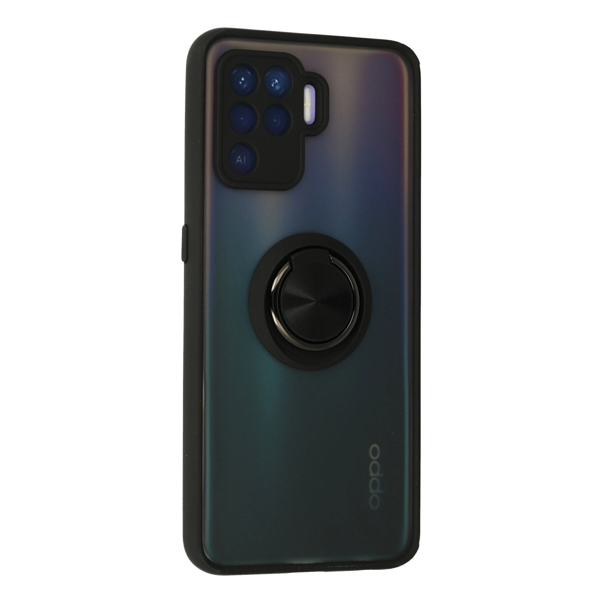 Arkada halka tutucu ve kamera dizisi bulunan siyah telefon.