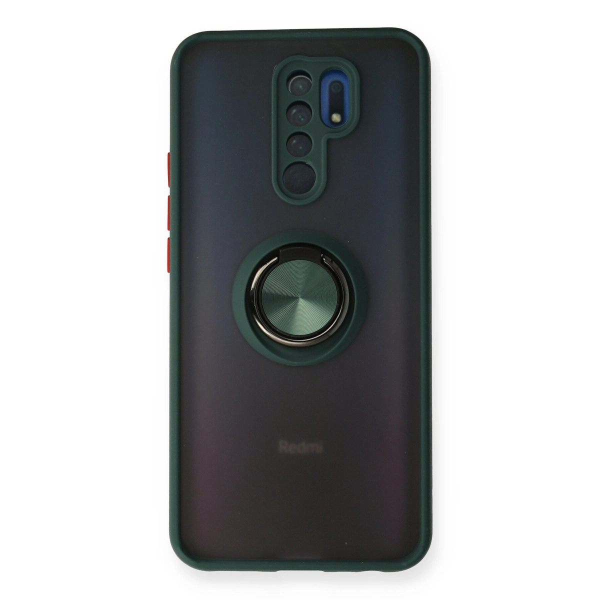 Halka tutuculu ve üç kameralı koyu yeşil telefon kılıfı
