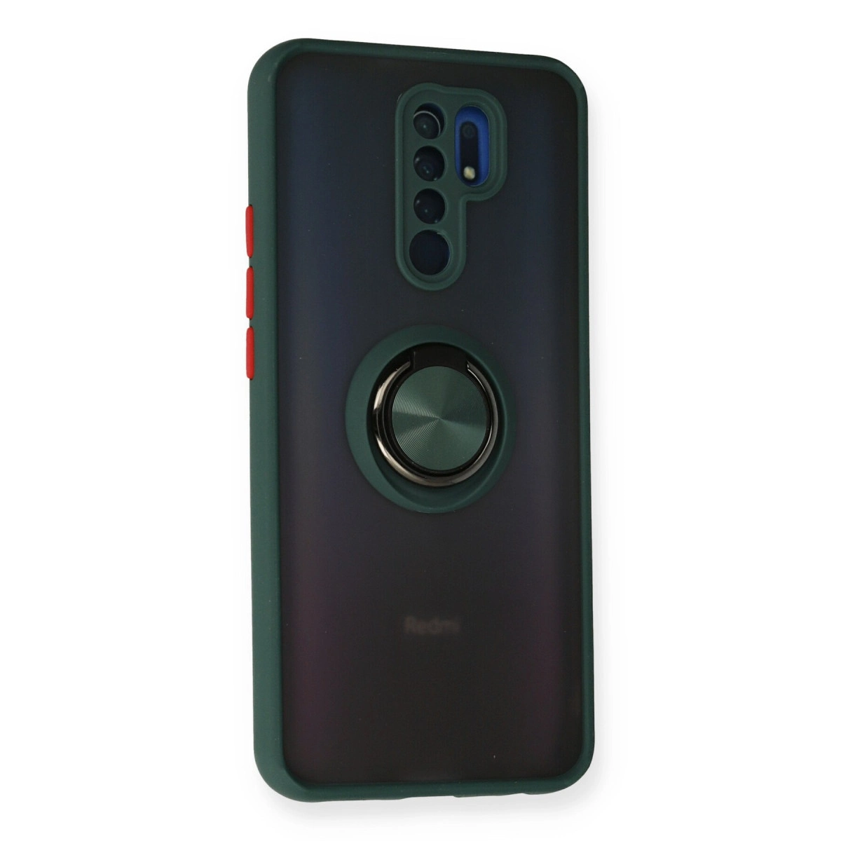 Koyu yeşil telefon kılıfı, kırmızı düğmeler, halka tutucu ve dört kamera.