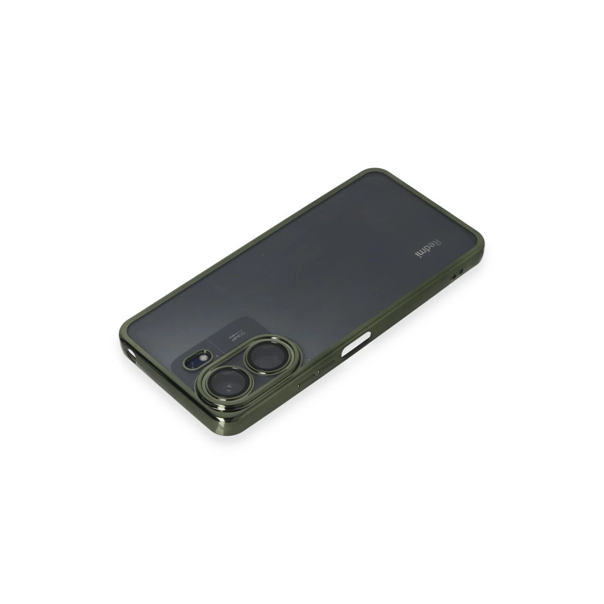 Şeffaf arka ve kamera kesimli koyu yeşil telefon kılıfı.
