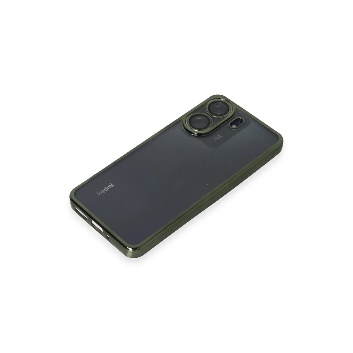 Yeşil çerçeveli koyu gri akıllı telefon, arkada üç kamera.
