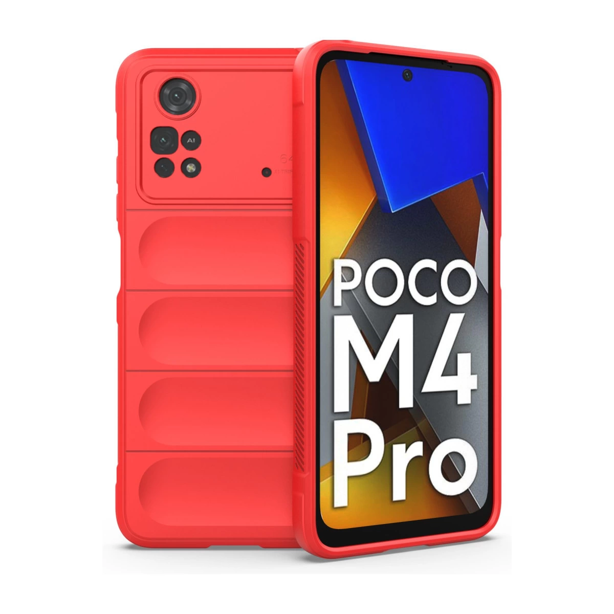 Dokuya sahip kırmızı POCO M4 Pro telefon ve kamera modülü.