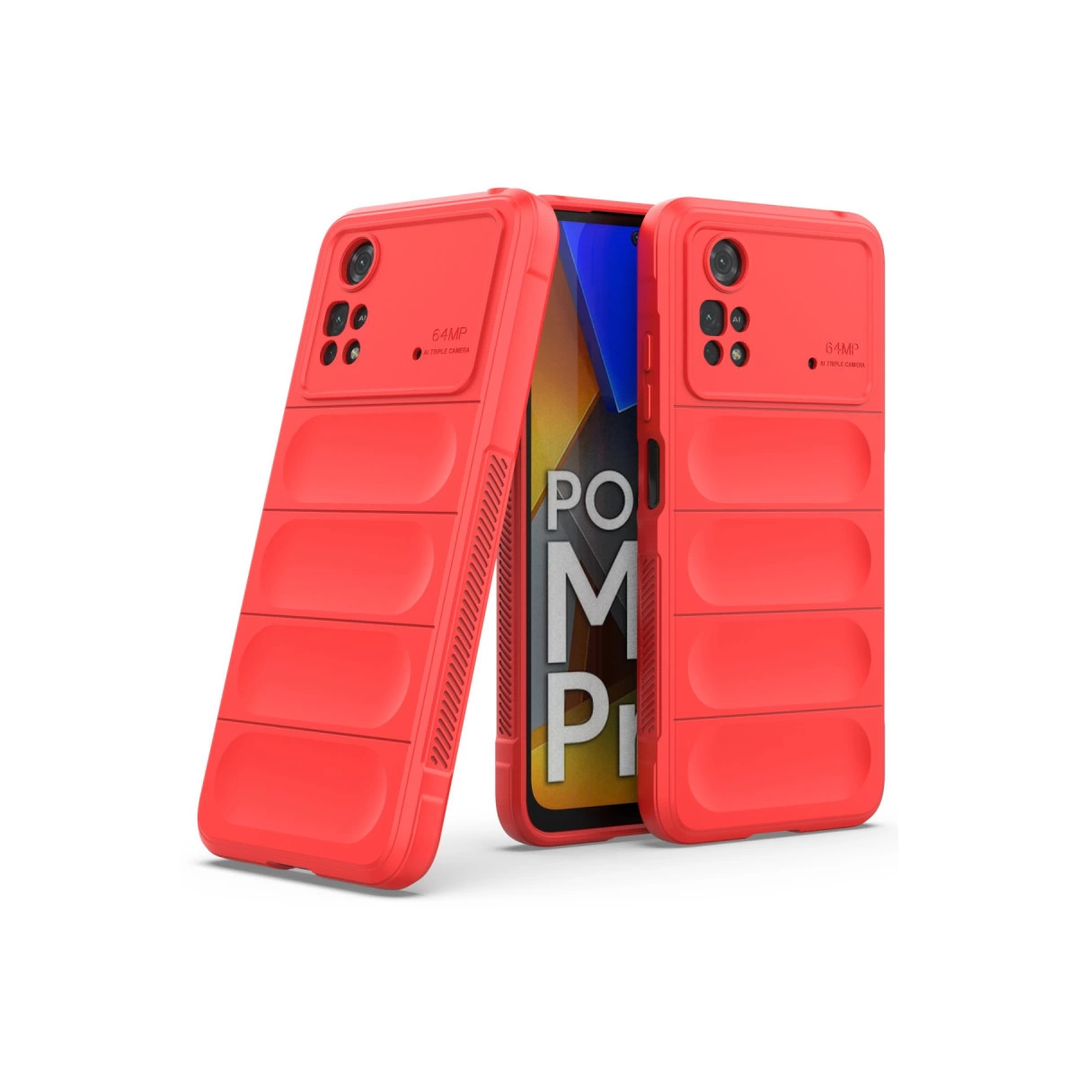 İki adet kapitone tasarımlı kırmızı telefon kılıfı ve ortada bir telefon.